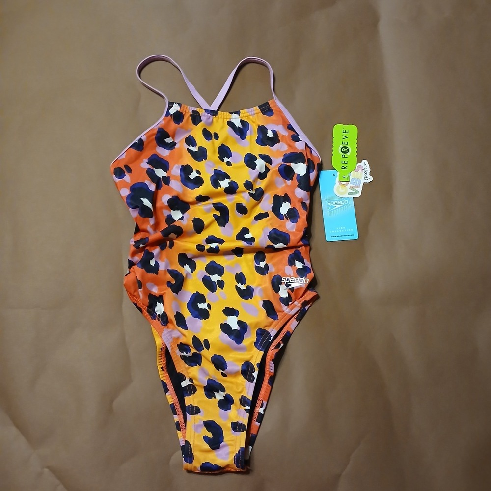 NWT Speedo Endurance One Piece Swimsuit Womens 28  Double Lace Back Cheetah
